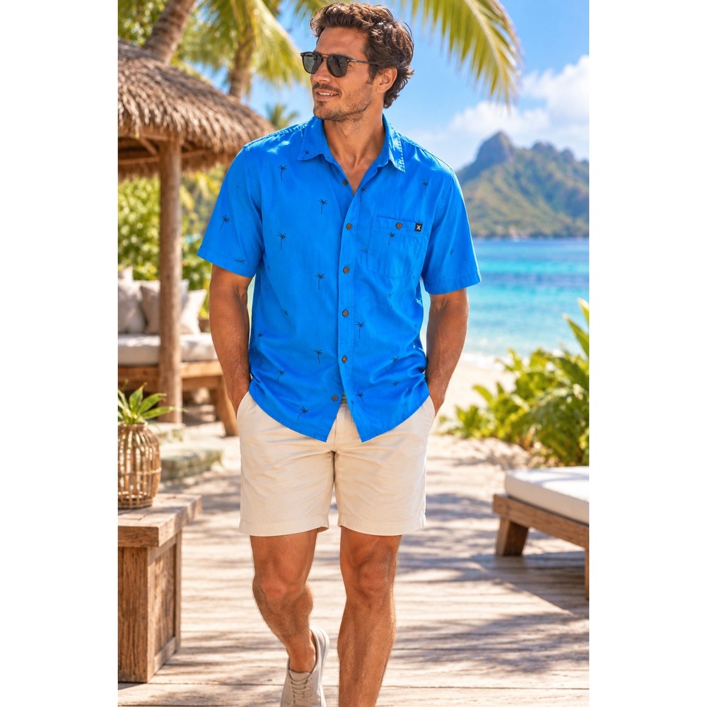 Hurley Organic Cotton Blue Palm Tree Short Sleeve Shirt Vacation DB5071 L